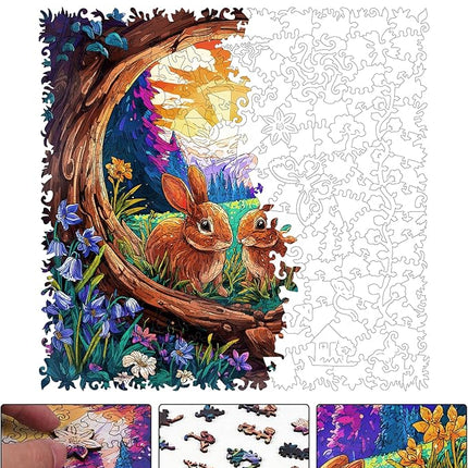 Rabbit Sunrise Wooden Puzzles, 200 Pieces Jigsaw Puzzles 11.3 x11.1 inch, Unique Design Wooden Puzzles for Adults and Kids, Family Game Gift
