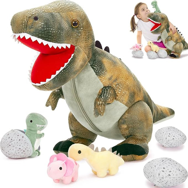 MorisMos Dinosaur Stuffed Animals Set,23.6'' Big Stuffed Dinosaur Mommy + 3 Baby Dino Toys+3 Plush Dino Eggs, Boy Girl T-Rex Toys for Kid Birthday Gift,Realistic T-rex, CPC Certified,Machine Washable