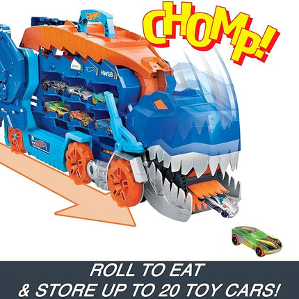 Hot Wheels City Toy Car Track Set, Ultimate T-Rex Transporter, Hauler Transforms into Stomping Dino with Race Track, from Netflix Series “Let’s Race”