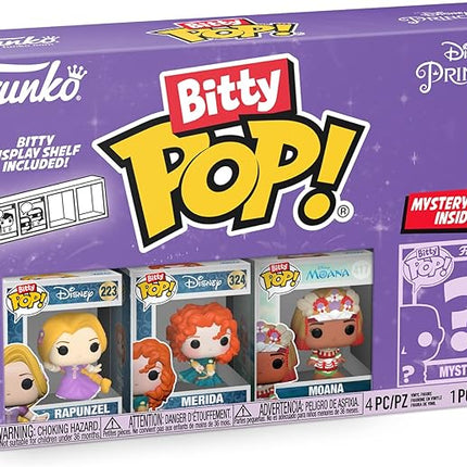 Funko Bitty Pop Disney Princesses - Rapunzel, Merida, Moana and A Surprise Mystery Mini Figure - 0.9 Inch (2.2 Cm) Collectable - Stackable Display Shelf Included - Cake Topper - Gift Idea