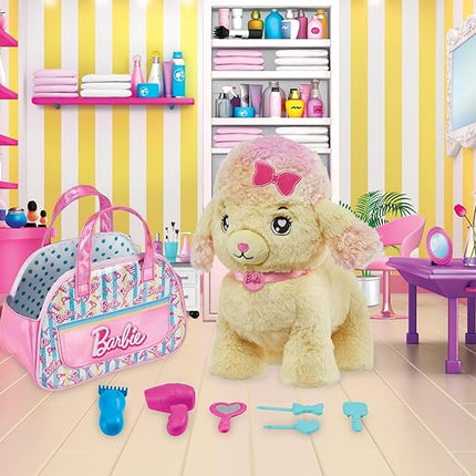 Mattel Barbie Plush Toy Playset, Hairdresser Poodle Stuffed Animal with Lights & Sounds, Plus Themed Purse & 6 Accessories, Salon Pet Adventure