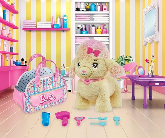Mattel Barbie Plush Toy Playset, Hairdresser Poodle Stuffed Animal with Lights & Sounds, Plus Themed Purse & 6 Accessories, Salon Pet Adventure