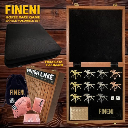 Horse Racing Game for Adults, Foldable Horse Race Board Game with 11 Luxurious Metal Horses (Gold, Silver, Black, RoseGold), 22” Sapele Wood Horse Race Game Board, Dice & RoseGold Card (Sapele)