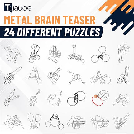 Metal Puzzles Brain Teaser, 24pcs Metal Wire Puzzles for Adults Kids Teenagers, Classical Mini Mind Ring Puzzle Set, Educational IQ Unlock Interlocking Toy Lock Puzzle Gift Set