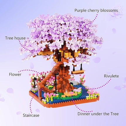 Cherry Blossom Bonsai Tree Micro Building Set Creative Gift for Adults 14+, Japanese Purple Cherry Tree House Micro Blocks Model for Adults, Flowers House 2200PCS
