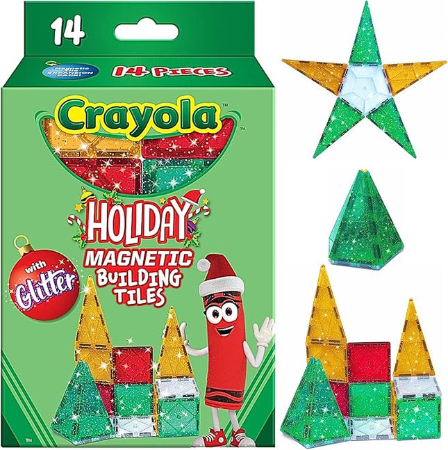 CreateOn Crayola Holiday Glitter Magnetic Tiles, Building Set for Kids, Magnetic Building Toys for Kids, STEM Travel Toys for Boys and Girls Ages 3+, 14-Piece Set (Holiday Glitter)