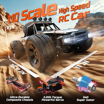 DEERC 1:10 Scale RC Monster Truck for Adults & Boys, 48KM/H Speed 4X4 Hobby RC Car with Lights, 2 Rechargeable Batteries, 2.4 GHz All Terrain Remote Control Car Toys for 30mins Fun