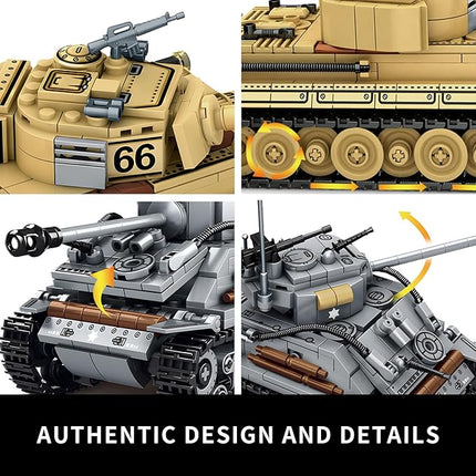 WW2 2 in 1 Army Tank Building Blocks Kit Create an American M4 Sherman & a German Tiger Tank Military Toy Sets Birthday for Age 6+ Children Teens Adults 1184 Pieces