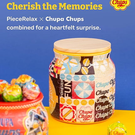 Chupa Chups X PieceRelax 3D Puzzle Jar 96 Plastic Pieces for Adults - Timeless Memories - Retro Fun M Use Includes Divider as Pen and Utensils Holder with Wooden Lid for Kitchen Dining Study [BB1044]