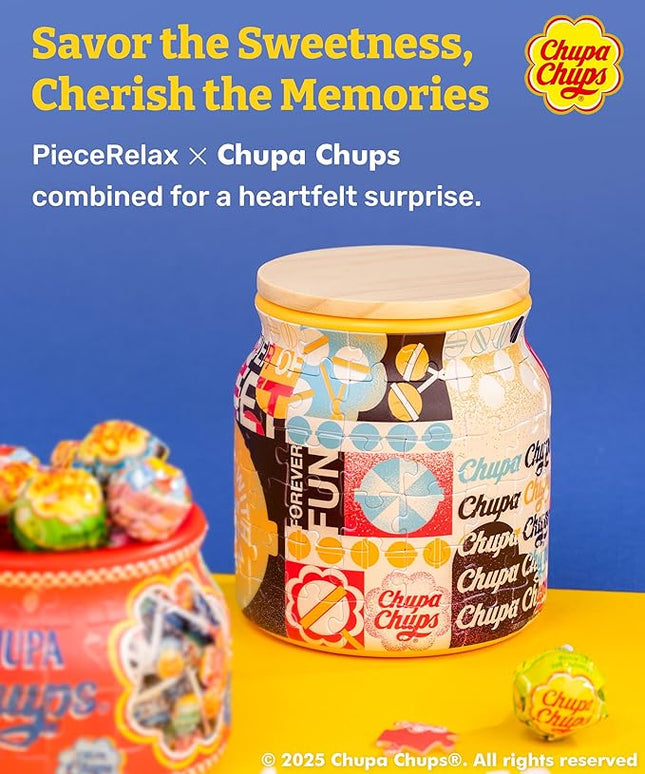 Chupa Chups X PieceRelax 3D Puzzle Jar 96 Plastic Pieces for Adults - Timeless Memories - Retro Fun M Use Includes Divider as Pen and Utensils Holder with Wooden Lid for Kitchen Dining Study [BB1044]