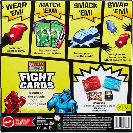 Mattel Games Rock ‘Em Sock ‘Em Robots Fight Cards Card Game, Team Party Game for Kids & Adults with 2 Boxing Gloves