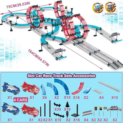 Toy Car Track Set Race Dual-Player with 4 Super Pull-Back Racing Cars, 360°Loops, Turns and Crossover High-Speed Racing Game Circular Overpass Track Gifts Birthday Toys for Boys Kids Age 6 7 8-12