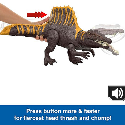 Mattel Jurassic World Rebirth Dinosaur Toy, Tail Thrasher Spinosaurus Action Figure with 2 Attack Moves, Movie-Accurate & Posable, Digital Play