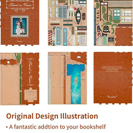 Tonecheer DIY Book Nook Kit for Adults, 3D Wooden Puzzle Bookend Bookshelf Insert Library Decor, Booknook Miniature House Kit with Body Motion Sensor LED Light (Travel in Venice)