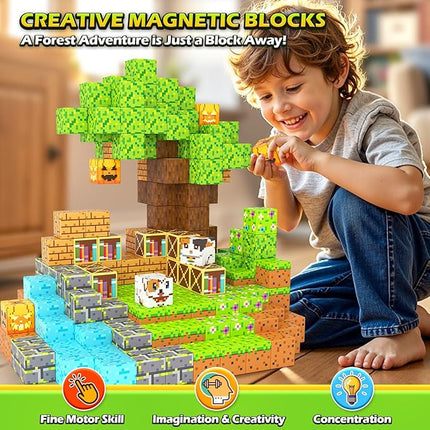 Magnetic Blocks - 100PCS Build Mine Magworld Forest Cottage Set, Kids Building Toys for Boys Girls Age 3-5 4-8 5-7, Construction Craft Sensory Toys Birthday Gifts for 3+ Years Old