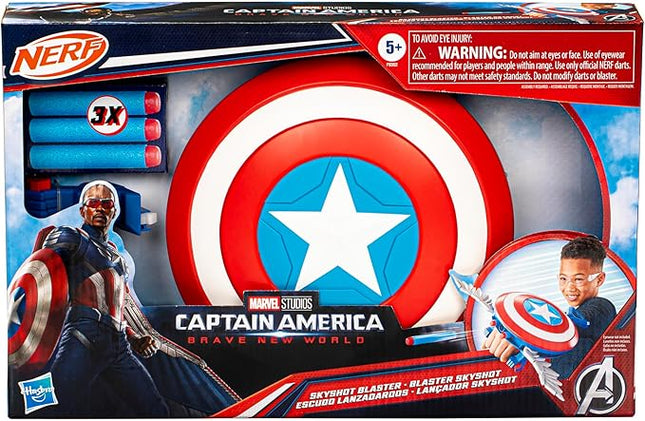 Marvel Studios Captain America Brave New World NERF Skyshot Blaster, Shield Roleplay Toy, Super Hero Toys for Kids 5 and Up