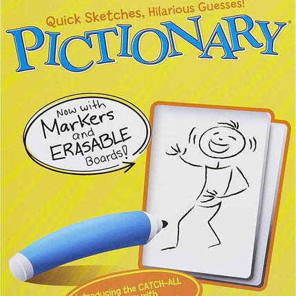 Mattel Games Pictionary Family Board Game for Kids, Adults and Game Night for 2 Teams with Erasable Markers, Boards and Sand Timer