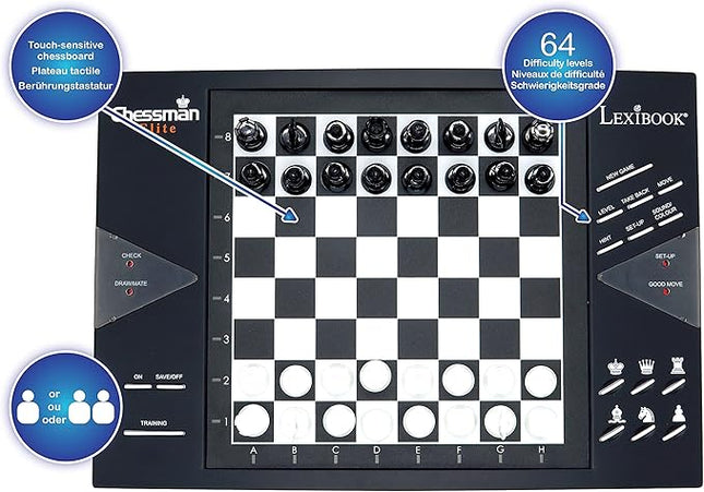 Lexibook Chessman® Elite Interactive Electronic Chess Game +, 64 Levels of Difficulty, LEDs, Family Child Board Game, Black/White, CG1300US