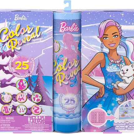 Barbie Color Reveal Advent Calendar, 1 Color Reveal Doll & 3 Pets, Clothes, Accessories & 2 Hair Extensions, 25 Surprises, for Kids