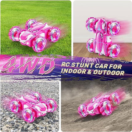 Spider Remote Control Car, Double Sided 360°Rotating USB Direct Charging RC Cars with Cool Lights, 2.4Ghz Drift RC Stunt Car, 360°Rotating 4WD Off-Road Race Toys for 4-12 Boy Girl Kids Gifts(Pink)