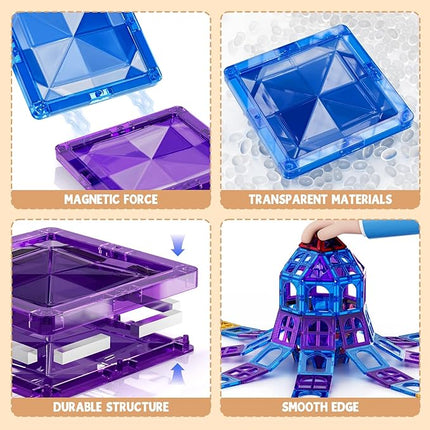 97 Pcs Magnetic Tiles for Kids Ages 4-8,Building Toys Magnetic Blocks for Kids Ages 4-8,Toddlers Educational Magnet Construction Set Magnets Tile,for 3 4 5 6 7 8 Kid Christmas Birthday Gifts