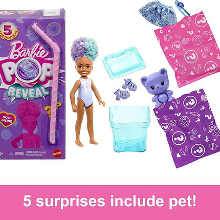 Barbie Chelsea Pop Reveal Doll Set, Treat Series with 5 Surprises Including Scented Small Doll, Pop-It Pet & Color Change (Styles May Vary)