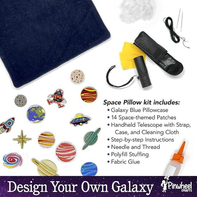 Pinwheel Crafts Beginner Sewing Kit for Kids 8-12 with Telescope - Astronomy Solar System Easy Sew Space Pillow Kit with Planet Patches - Make Your Own Plush Craft