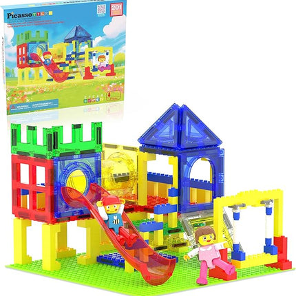 PicassoTiles Magnetic Tiles Slide & Swing Playground Building Block with 2 Character Action Figures Magnet Tile Construction Bricks Sensory Toys STEM Learning Educational Toy Kit Boy Girl Age 3+ PTQ30