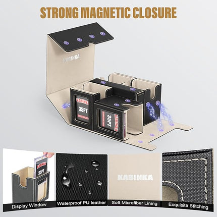 Card Deck Box for MTG with Commander Display, 5 in 1 Card Storage Box Fits 400+ Double-sleeved Cards, Removable Deck Case for TCG/Sports Cards with Dice Tray, 4 Magnetic Card Holders (Black Gold)