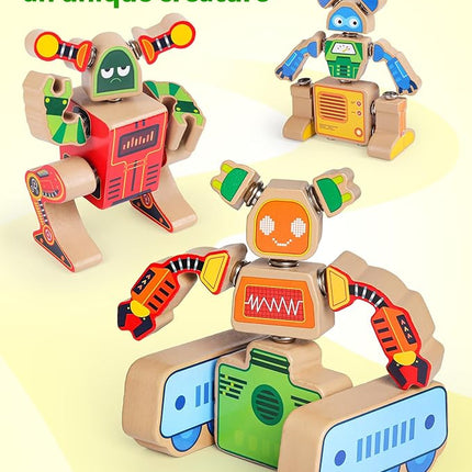 Coogam Fine Motor Building Robot Blocks for 3 4 5 Years Old Kids, Wooden Snap Together Builders, STEM Take Apart Robot Playset, Educational Learning Toy Gift for Boys Girls