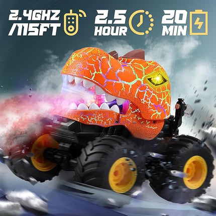 BEZGAR Monster Truck Toys - Remote Control Monster Truck with Spray, Light, Music, Dinosaur Toys for Kids, 1:20 Scale RC Truck with 360° Spins and Drifting, Remote Control Car for Boys 4-7 Orange