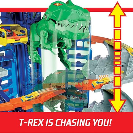 Hot Wheels Ultimate Garage Track Set with 2 Toy Cars, Hot Wheels City Playset with Multi-Level Side-by-Side Racetrack, Moving T-Rex Dino & Storage for 100+ 1:64 Scale Vehicles (Amazon Exclusive)