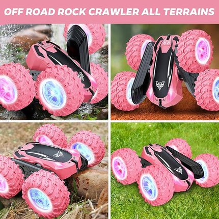 Remote Control Car, 2.4GHz RC Stunt Car, Double Sided 360° Rotating RC Cars with LED Headlight & LED Wheel, High Speed Off Road RC Crawler Xmas Gift for 3 4 5 6 7 8-12 Year Old Girls Toys (Pink)
