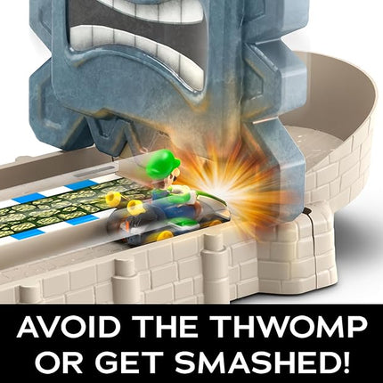 Hot Wheels Mario Kart Track Set & Toy Car, Thowmp Ruins Playset with Luigi Kart Vehicle & Pull-Back Launcher