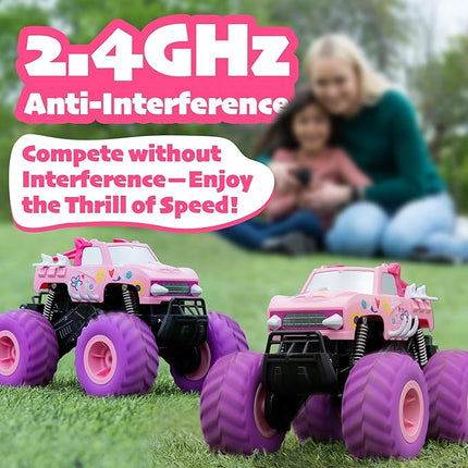 Threeking 1:16 Waterproof Pink RC Monster Truck Toys Amphibious Remote Control Car Pickup 4WD All-Terrain Toy Gift for Girls Ages 6 7 8 9 10 11 12 Durable Off-Road Fun for Indoor & Outdoor Play