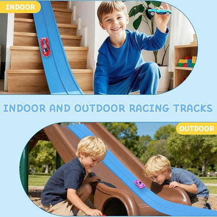 Flexible Race Car Ramp Track for Kids Toy 4 Small Race Cars and 8 Suction Cups Compatible with Hot Wheels and Diecast 1/64th Cars, Rolls Up Portable Racetrack for Ages 3 & Up (Light Blue)