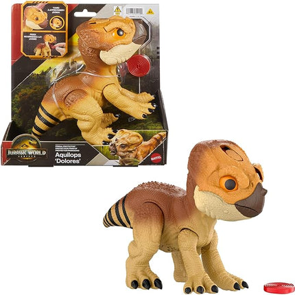 Mattel Jurassic World Rebirth Primal Protector Aquilops Dolores Interactive Dinosaur Toy with Attack Action & Sounds, Pet-Style Electronic Figure with Food Accessory