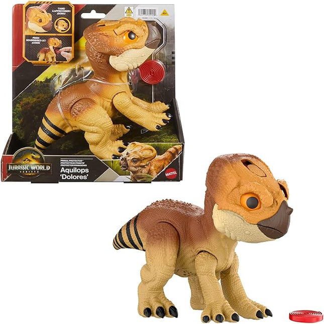 Mattel Jurassic World Rebirth Primal Protector Aquilops Dolores Interactive Dinosaur Toy with Attack Action & Sounds, Pet-Style Electronic Figure with Food Accessory