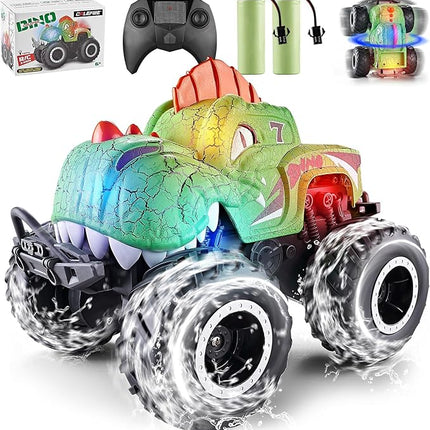 Monster Truck Toys, 1:20 Waterproof Dinosaur Monster Trucks for Boys Age 4-7, 2.4GHz All Terrain RC Cars with 2 Batteries, 360° Rotating Stunt RC Car Toy Birthday Gift for Kids 3-5