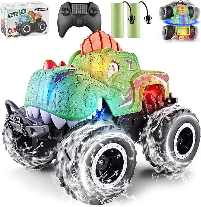 Monster Truck Toys, 1:20 Waterproof Dinosaur Monster Trucks for Boys Age 4-7, 2.4GHz All Terrain RC Cars with 2 Batteries, 360° Rotating Stunt RC Car Toy Birthday Gift for Kids 3-5
