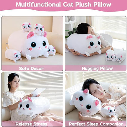 Cat Plush Stuffed Animals with 4 Kitties Plushies,16" Soft Jumbo Pillow Gifts for Kids Him Her Girlfriend Boyfriend