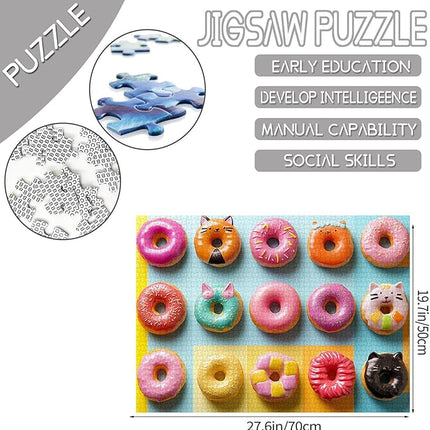 Colorful and Playful Donut Jigsaw Puzzle，Cat-Shaped Doughnut 1000 Pieces Jigsaw Puzzles for Adults，27 x 20 Inches Puzzles for Families，HD Quality Different Shapes Colors Doughnuts Puzzle Decor