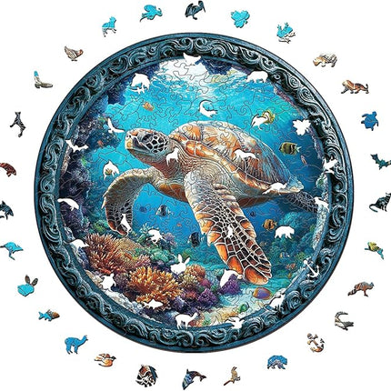 Wooden Puzzle for Adults – Unique Sea Turtle-Shaped Jigsaw, Ocean Animal Design Brain Teaser for Kid & Teen 220 Pieces, 10"x10", Ships as Whole Puzzle Board, Gift-Ready Box, Fun Family Game,