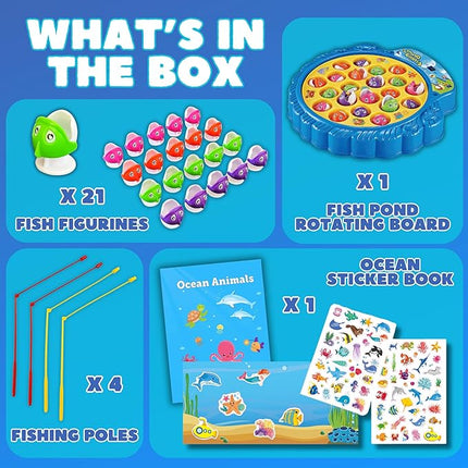Haktoys Fishing Game Play Set Includes 21 Fish and 4 Fishing Poles on Rotating Board with Music On/Off Switch, Ocean Animal Sticker Book with Reusable Stickers | Board Game for 1-4 Players