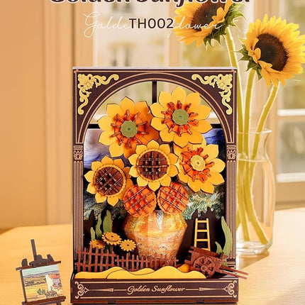 Wowood 3D Wooden Puzzles for Adults - Van Gogh Golden Sunflower DIY Model Building Kits with LED Light - Home Decor, Wall Art & Unique Creative Gifts for Art Lovers