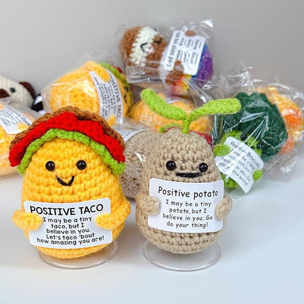 Mini Positive Cute Funny Life Potato and Taco Crochet Emotional Support Crochet Knitted Holding Card Crochet Birthday Christmas Girls Gifts Party Office Desk Decor