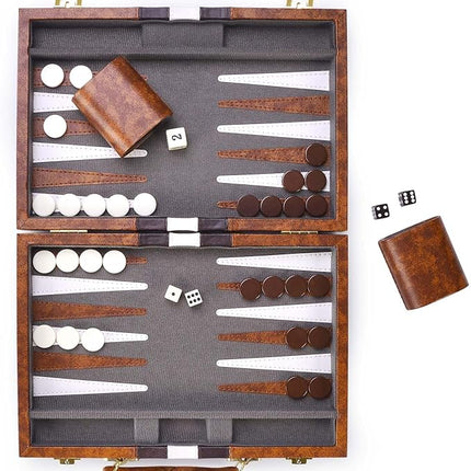 AMEROUS Backgammon Set, 11 Inches Classic Board Game withLeather Case, Folding Board, Gift Package, Portable Travel Strategy Backgammon Game Set for Adults, Kids (Small, Brown)