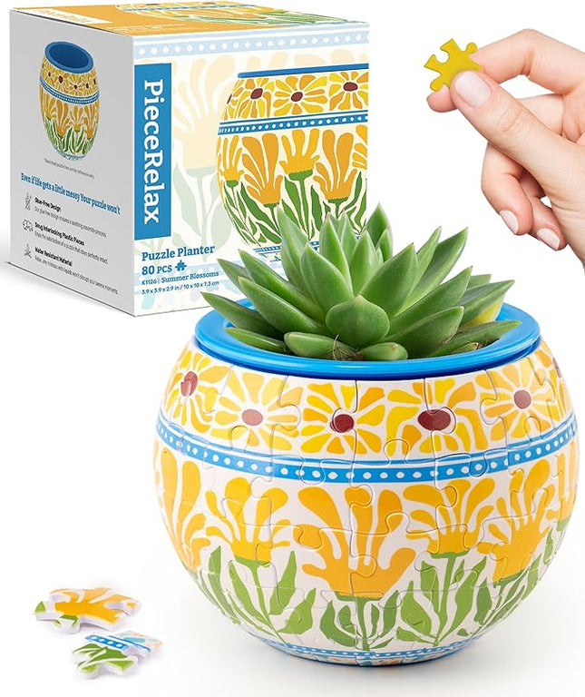 PieceRelax 3D Puzzle Planter 80 Pieces - Summer Blossoms, Home Decor Flower Pots for Indoor Cactus, Succulents Pots [K1126]