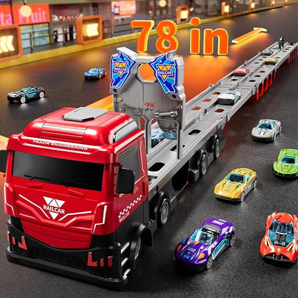 Toy Truck for 3 4 5 6 Years Old Kids Boys, 78-Inch Race Track Transport Vehicle and 12 Die-Cast Metal Toy Cars, Carrier Truck Toddler Truck Car Toys Set Gifts for Age 3-12 Years Old Kids Boys