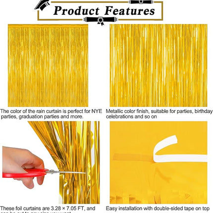 12 Pack 2025 Graduation Decorations, 3.28 FT x 7.05 FT Gold Backdrop Curtains, Metallic Class of 2025 Backdrop Fringe Curtains Foil Streamer, Gold Grad Decorations 2025 Party Supplies